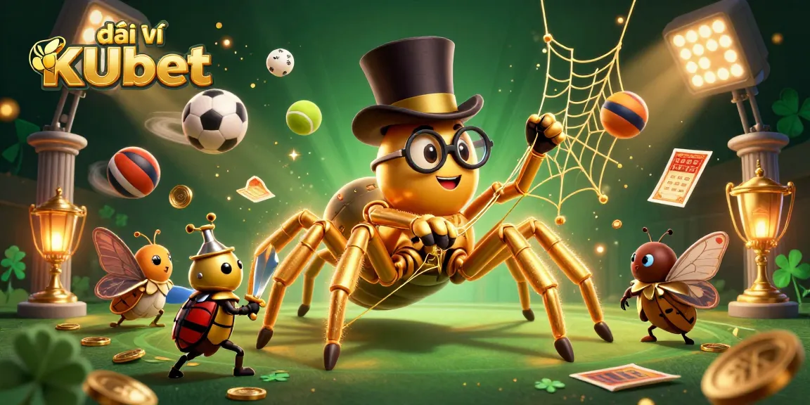 Engage with đại lý KUbet in a vibrant 3D casino scene featuring a golden tarantula and beetle knight.