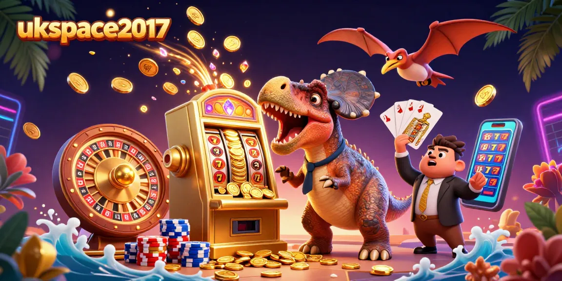 ukspace2017 showcases a pachycephalosaurus winning jackpot coins at a casino scene.
