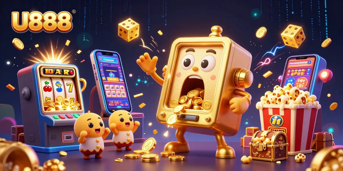 U888 delights players with a vibrant 3D jackpot celebration featuring animated slot machines.