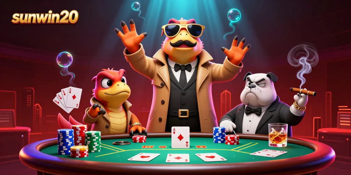 Engage with sunwin20 as raptors humorously attempt casino entry while surrounded by vibrant poker elements.
