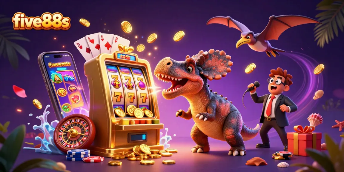 Experience five88s excitement as a cartoon dinosaur celebrates winning jackpot coins in a casino.
